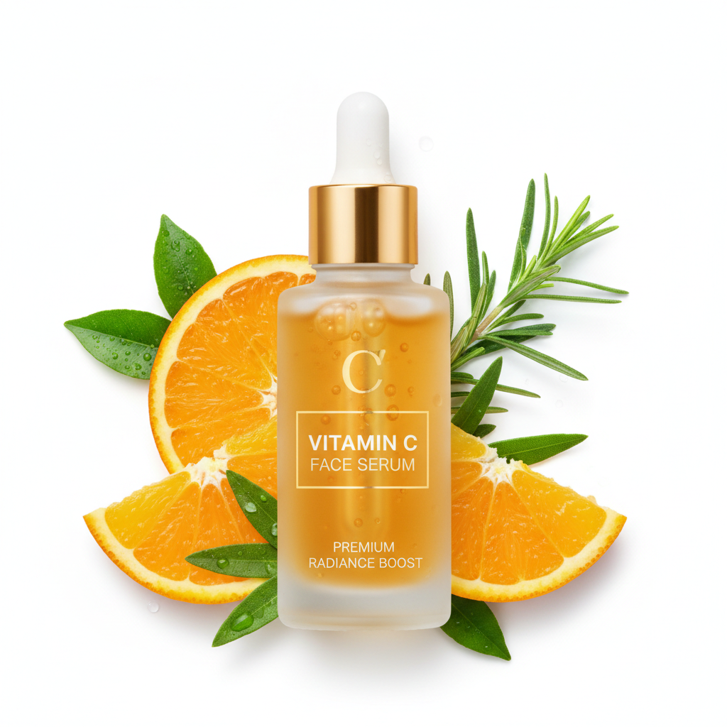 Vitamin C Face Serum with orange slices and green leaves