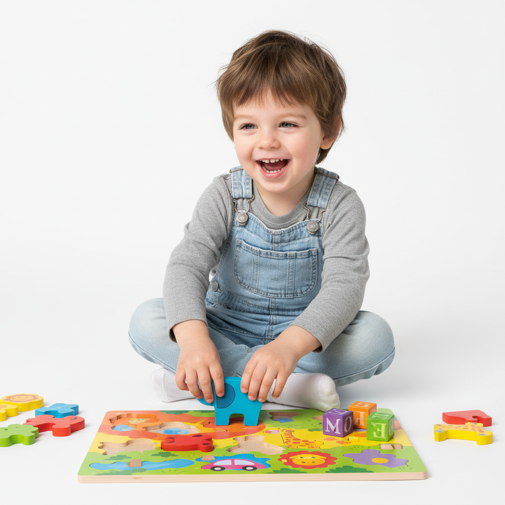 Child solving colorful educational puzzle