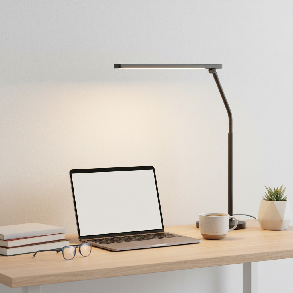 LED desk lamp on study table with books and laptop