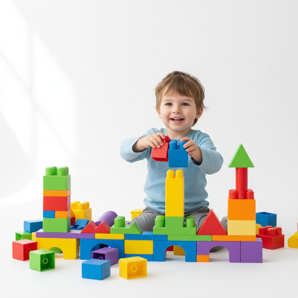 Child playing with colorful building blocks