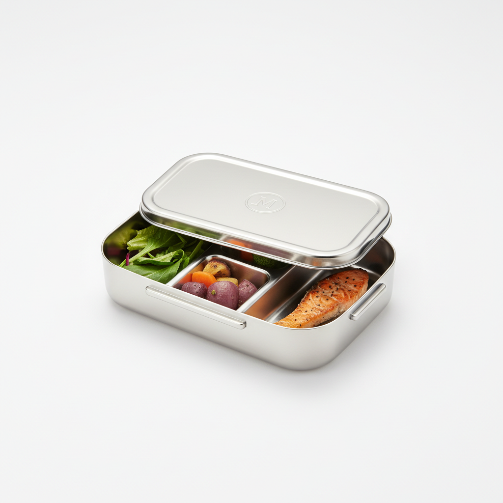 Stainless steel 3-in-1 lunch box on white background