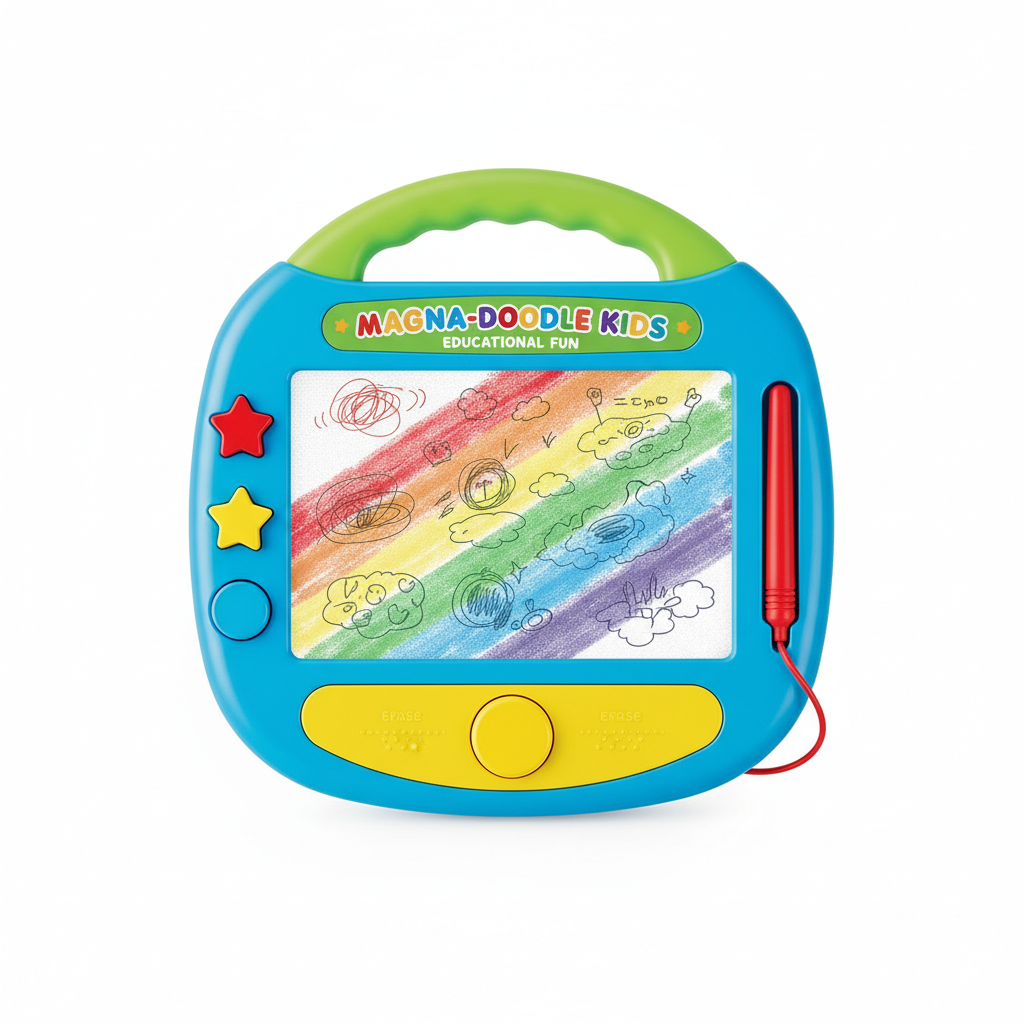 Magnetic drawing board with stylus pen on white background