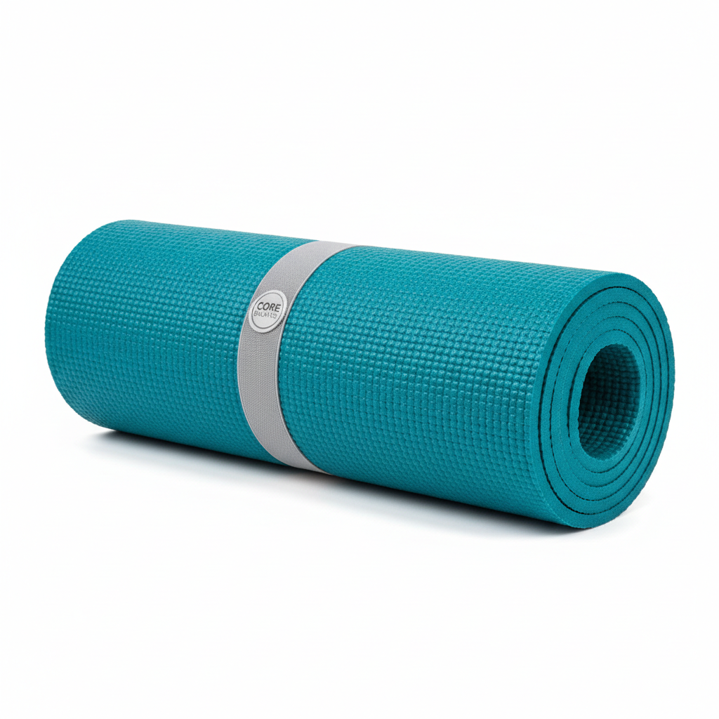 Non-slip yoga mat rolled up on white background