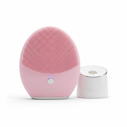 Electric facial cleansing brush on white background