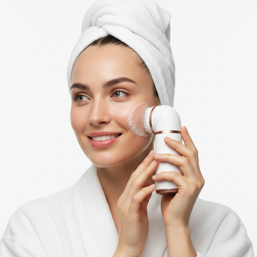 Woman using electric facial cleansing brush on face