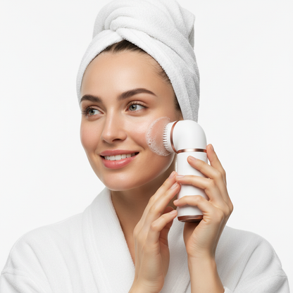 Woman using electric facial cleansing brush on face