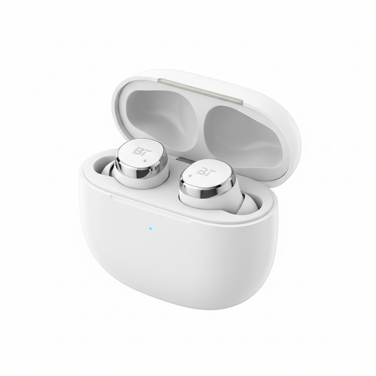 Wireless TWS earbuds with charging case on white background