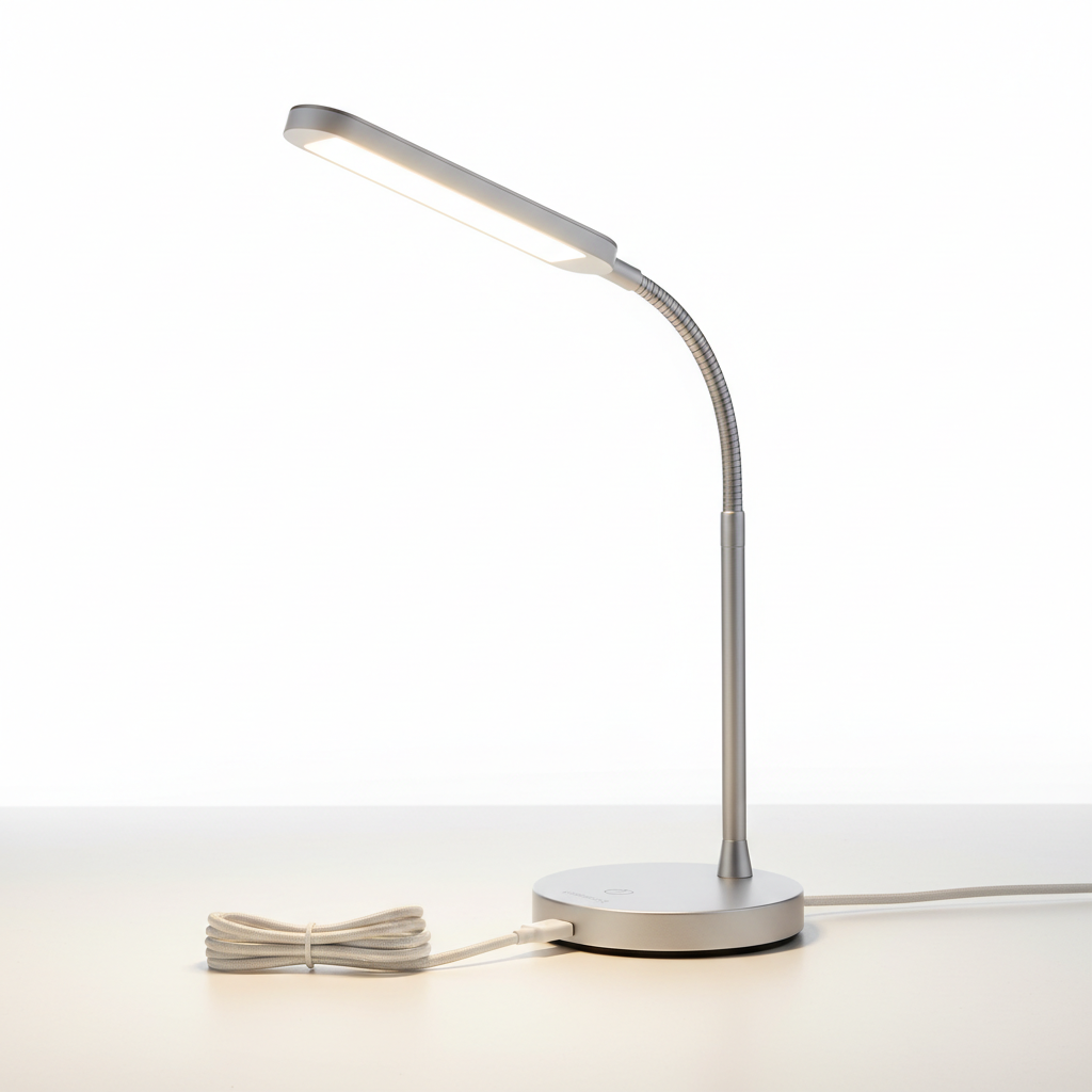 LED desk lamp with USB port on white background
