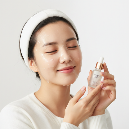 Woman wearing hydrating sheet face mask skincare routine