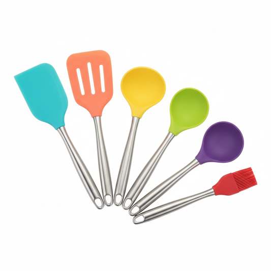 6 piece silicone cooking utensils set on white background