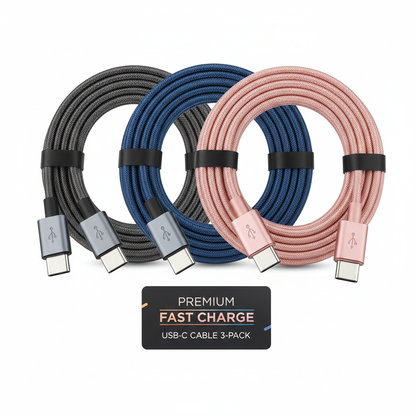 USB-C fast charging cable 3 pack on white background