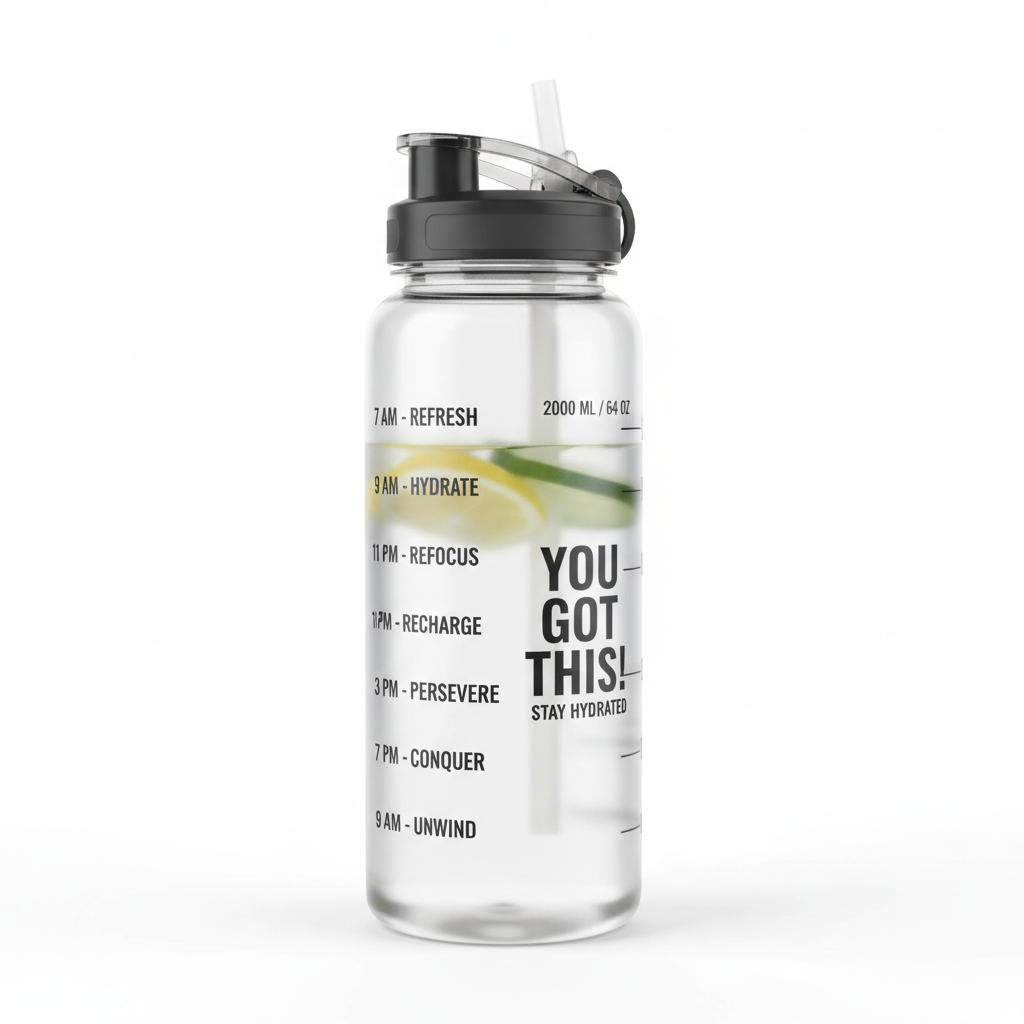 Water Bottle time markings and motivational quotes detail