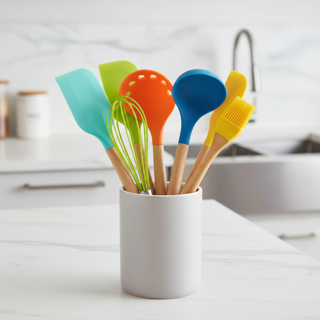 Silicone cooking utensils set in kitchen holder