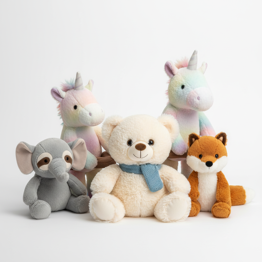 Soft stuffed animal plush toys on white background