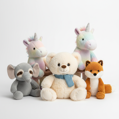 Soft stuffed animal plush toys on white background