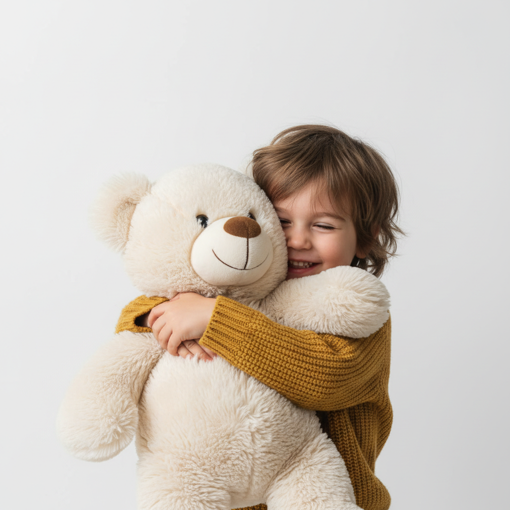 Child hugging soft stuffed animal plush toy