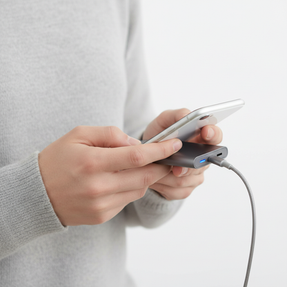 Person charging phone with slim power bank