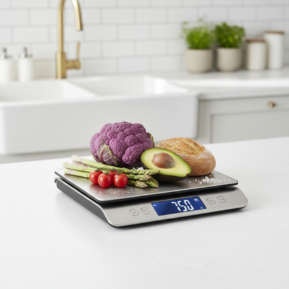 Digital kitchen scale with vegetables on top