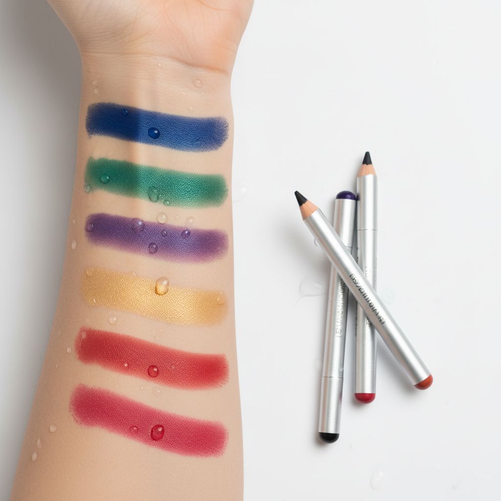 Colorful kajal pencil swatches on skin