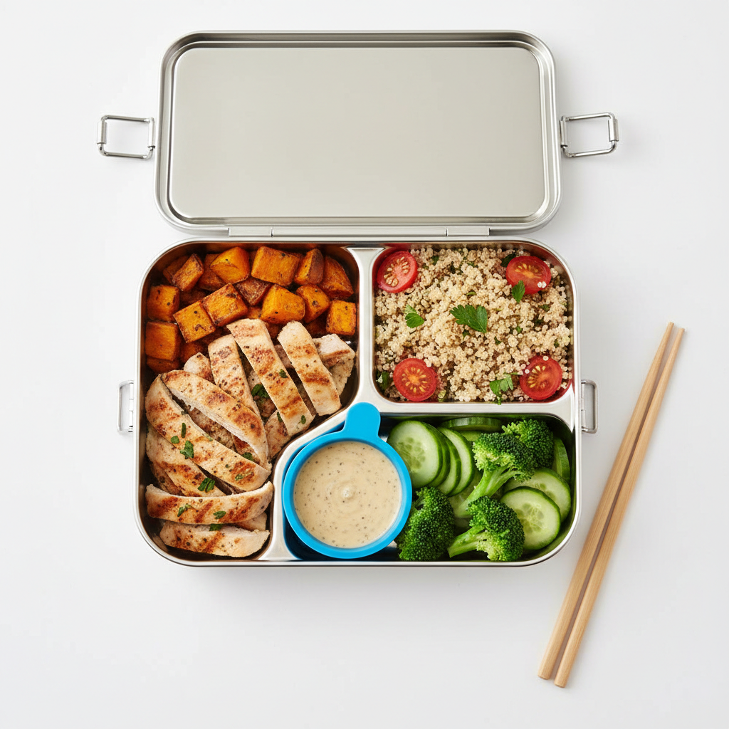 Stainless steel lunch box open with healthy food inside