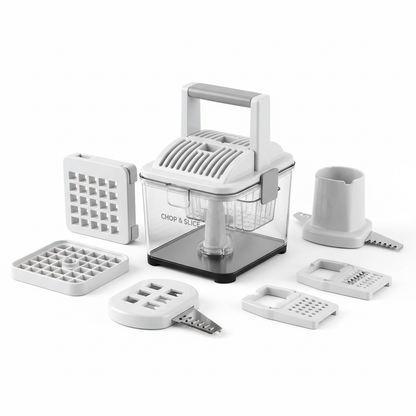 Multi-function vegetable chopper and slicer on white background