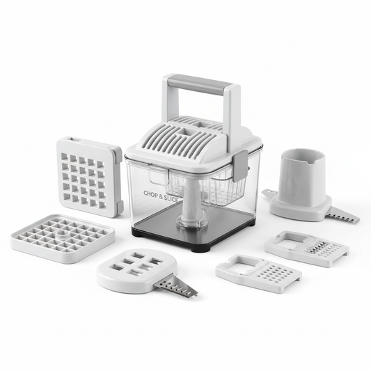 Multi-function vegetable chopper and slicer on white background