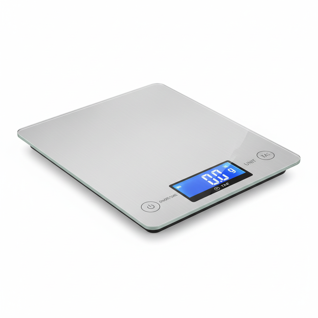 Digital kitchen scale with LCD display on white background