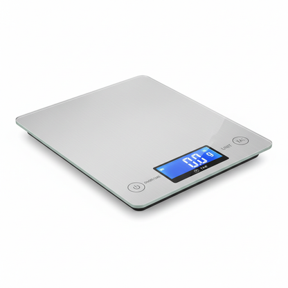 Digital kitchen scale with LCD display on white background