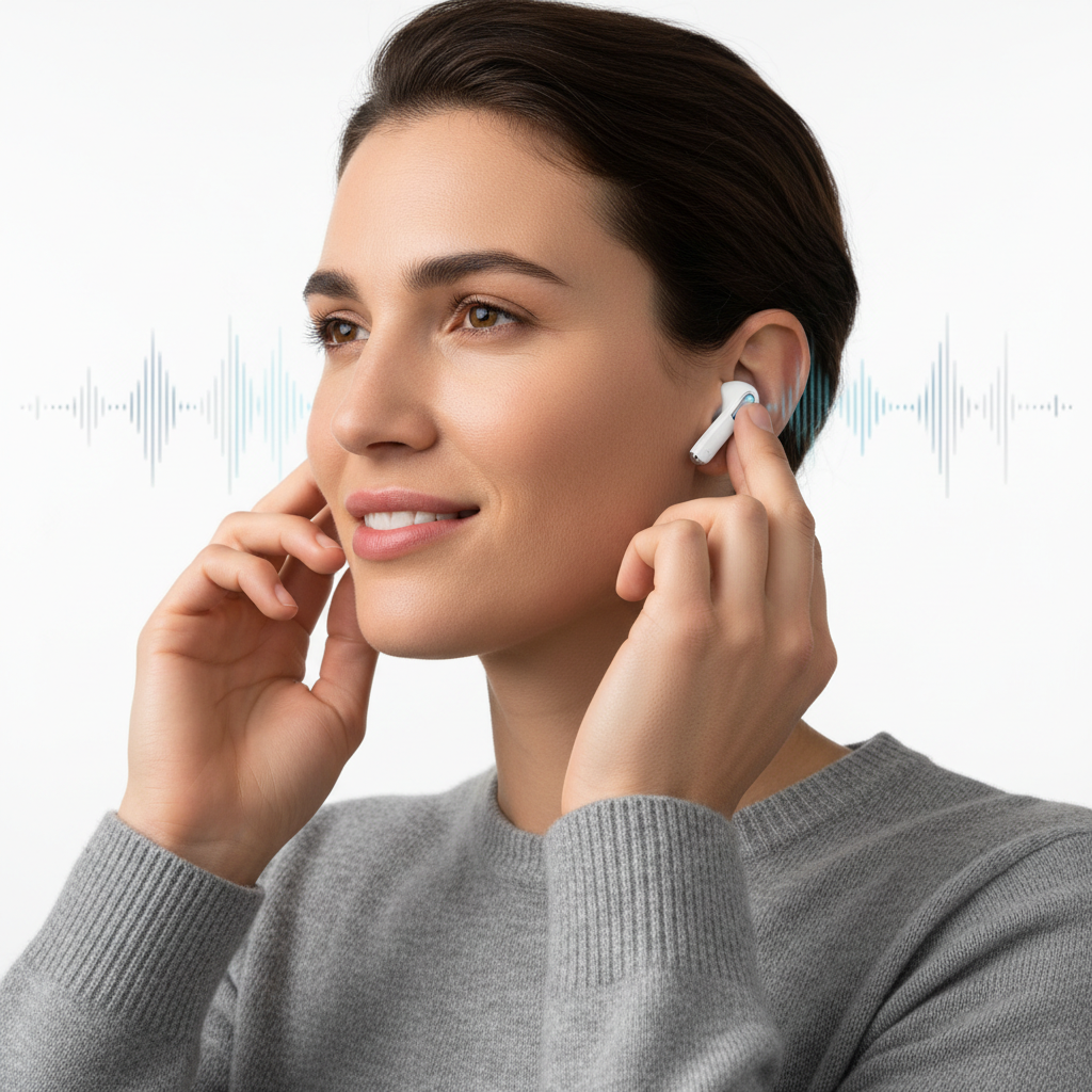 Person wearing wireless TWS earbuds